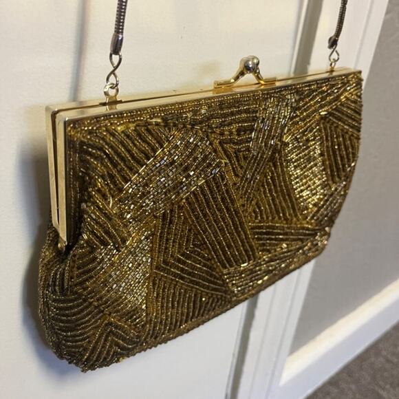 Vintage 1980s GOLD Geometric Beaded Luxury Designer Evening Bag Pristine 1 - Picture 4 of 12